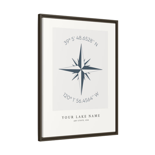 Custom Lake Compass Rose Coordinates - Framed Canvas Wall Art