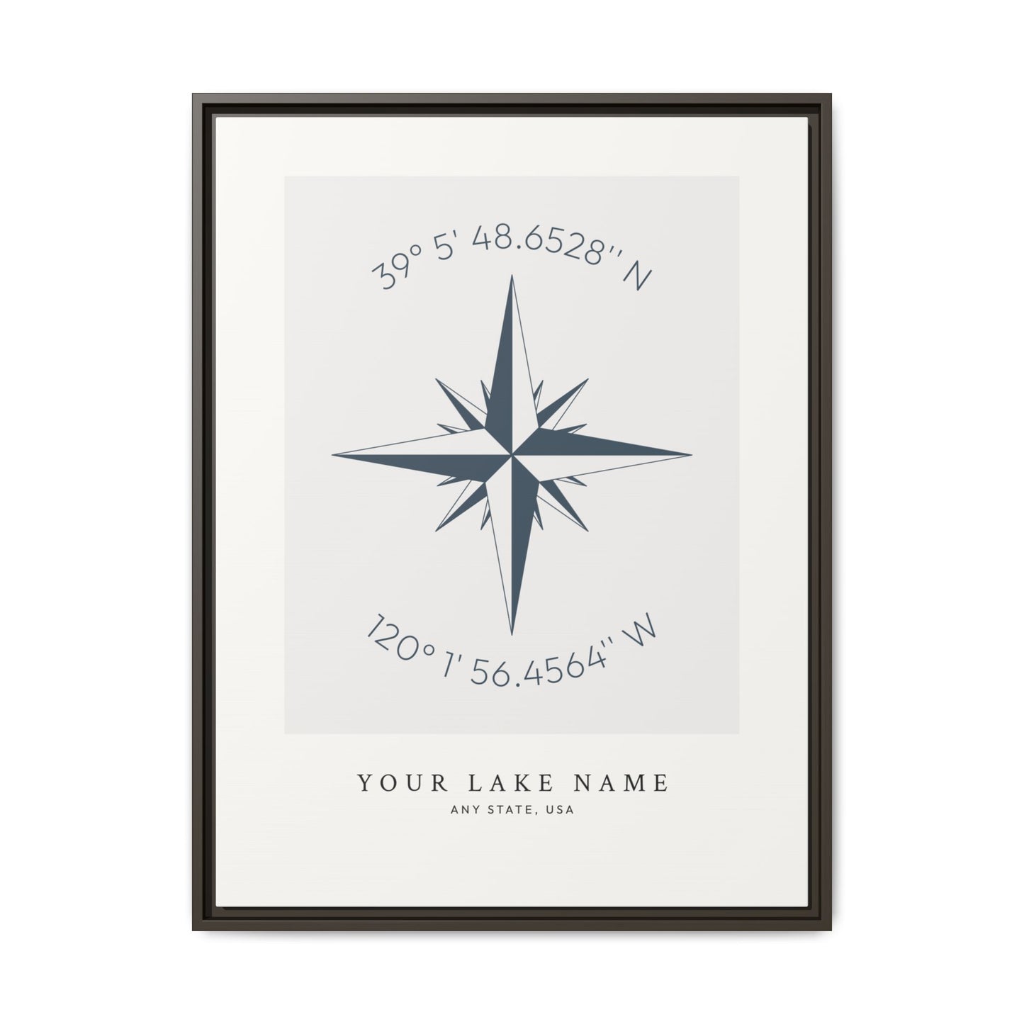Custom Lake Compass Rose Coordinates - Framed Canvas Wall Art
