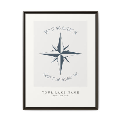Custom Lake Compass Rose Coordinates - Framed Canvas Wall Art