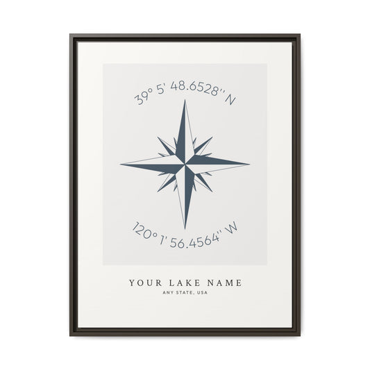 Custom Lake Compass Rose Coordinates - Framed Canvas Wall Art