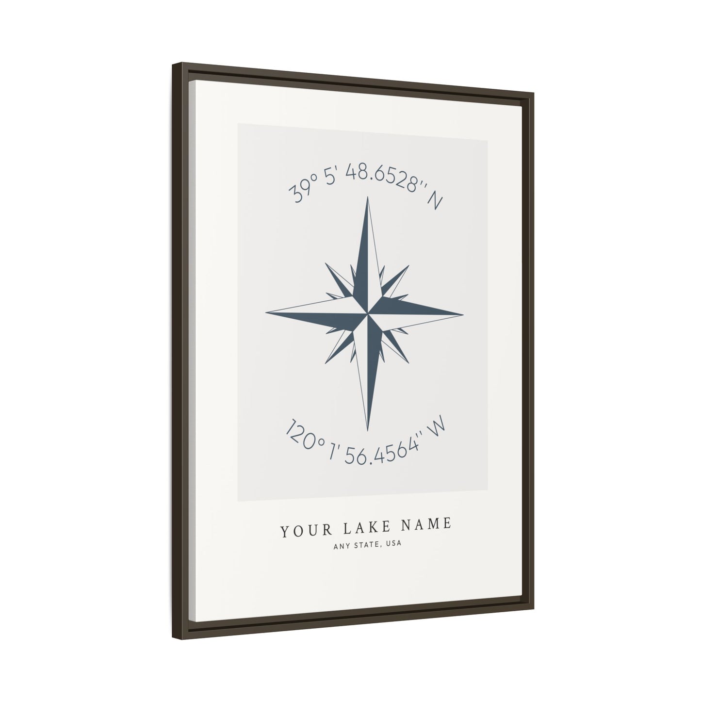 Custom Lake Compass Rose Coordinates - Framed Canvas Wall Art