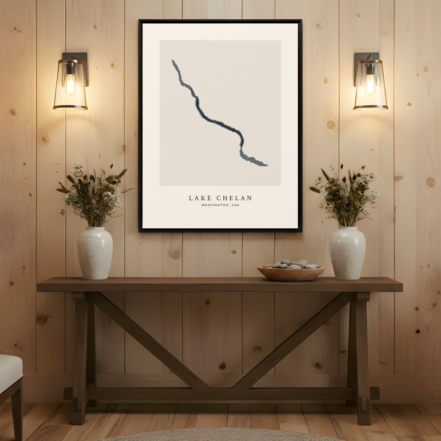 Lake Chelan, Washington - Framed Bathymetric Map Canvas Wall Art