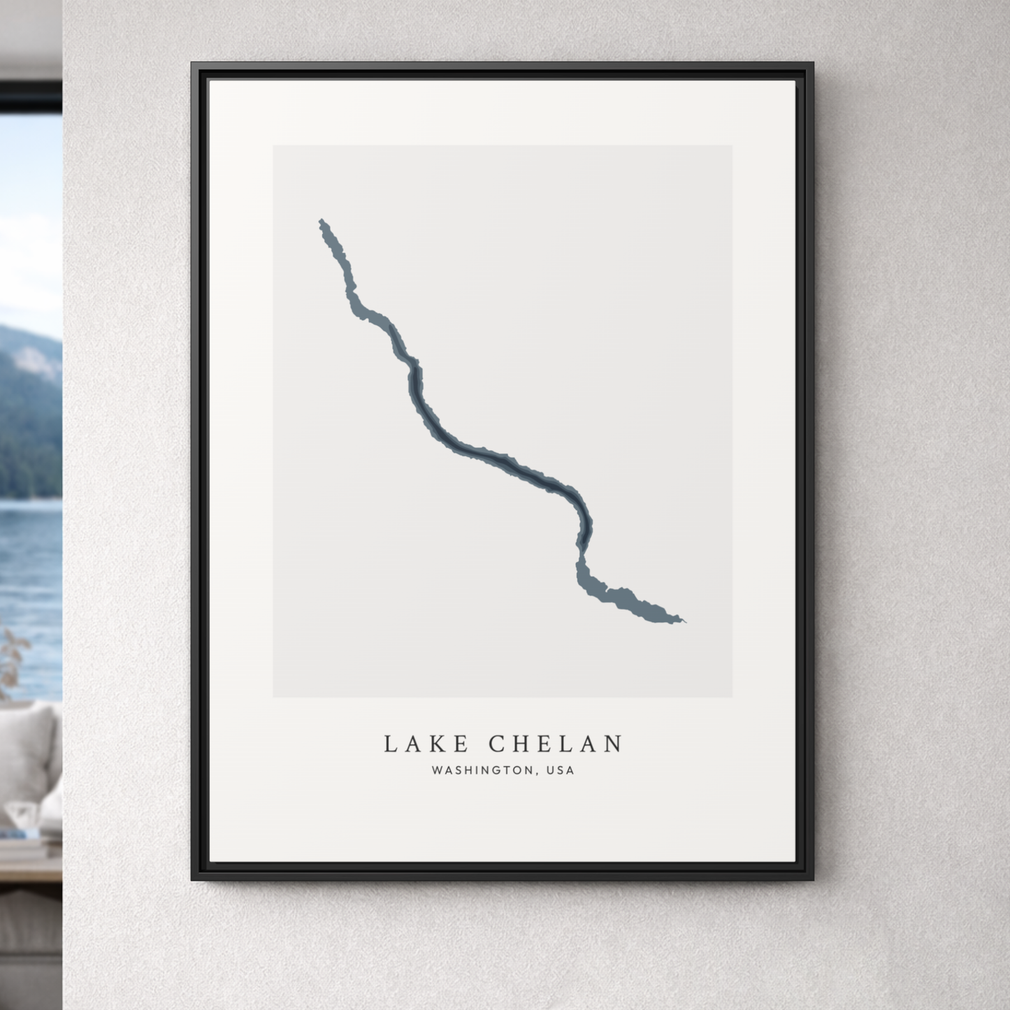 Lake Chelan, Washington - Framed Bathymetric Map Canvas Wall Art