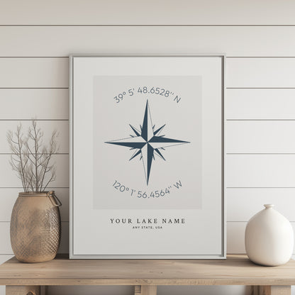 Custom Lake Compass Rose Coordinates - Framed Canvas Wall Art